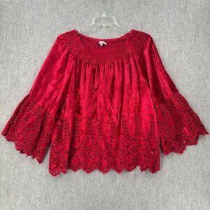 John Mark Garnet Red Eyelet Velvet‎ Smocked Off-The-Shoulder Top XL